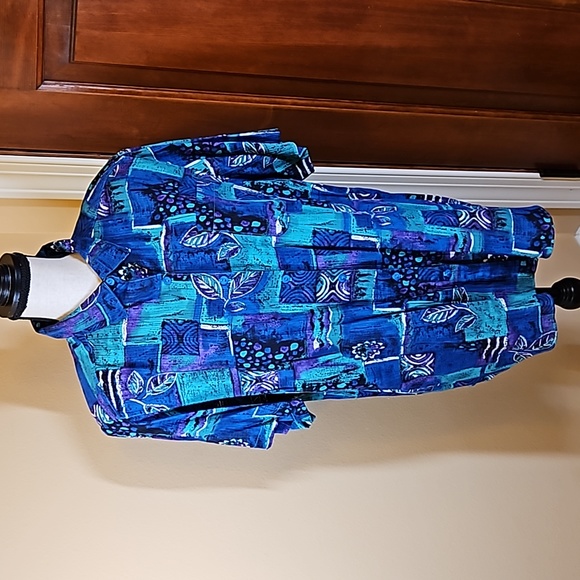 VINTAGE ALFRED DUNNER BLOUSE TOP BUTTON DOWN BLUE PURPLE 16 PALM LEAVES RETRO - Picture 1 of 8